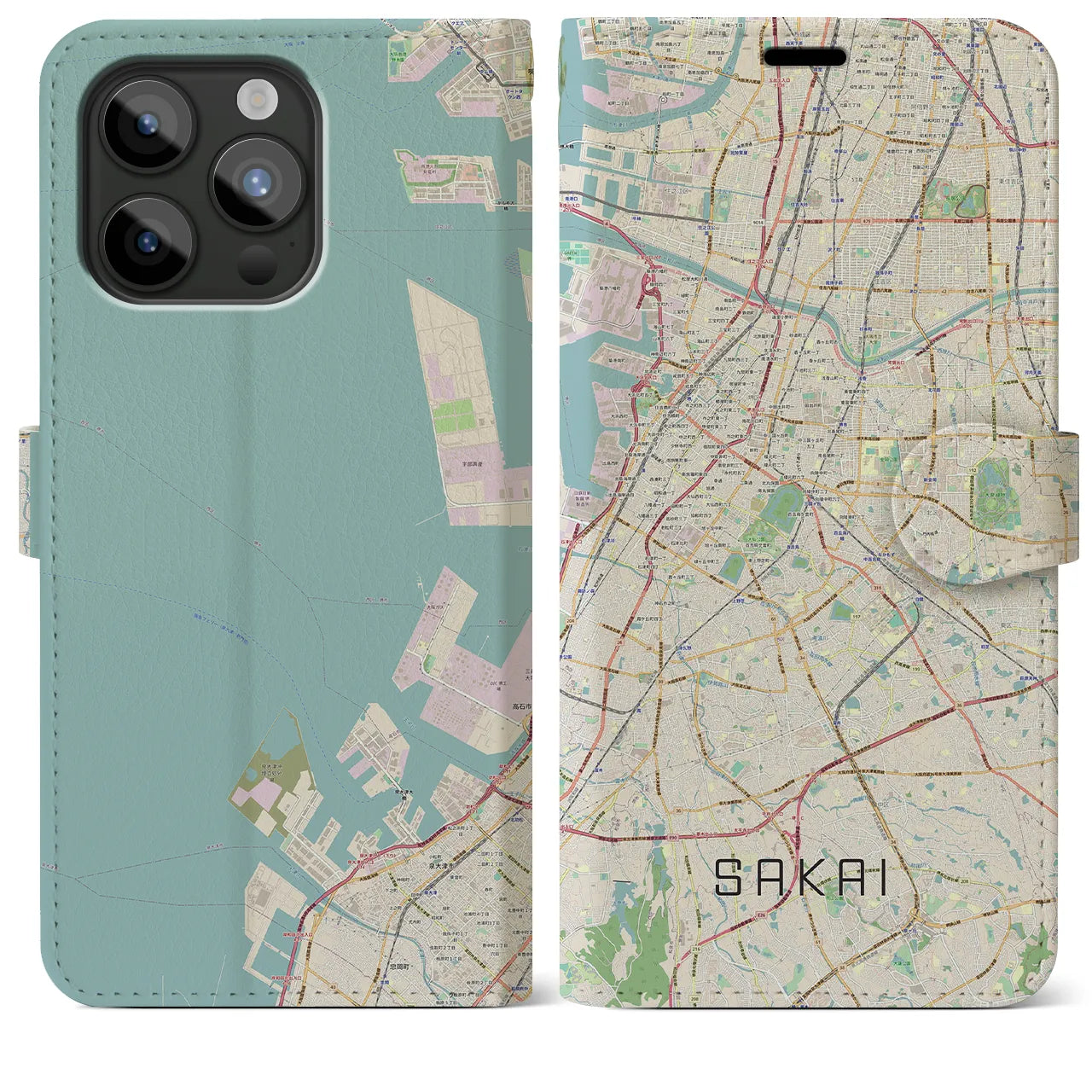 【堺】地図柄iPhoneケース（手帳両面タイプ・ナチュラル）iPhone 15 Pro Max 用