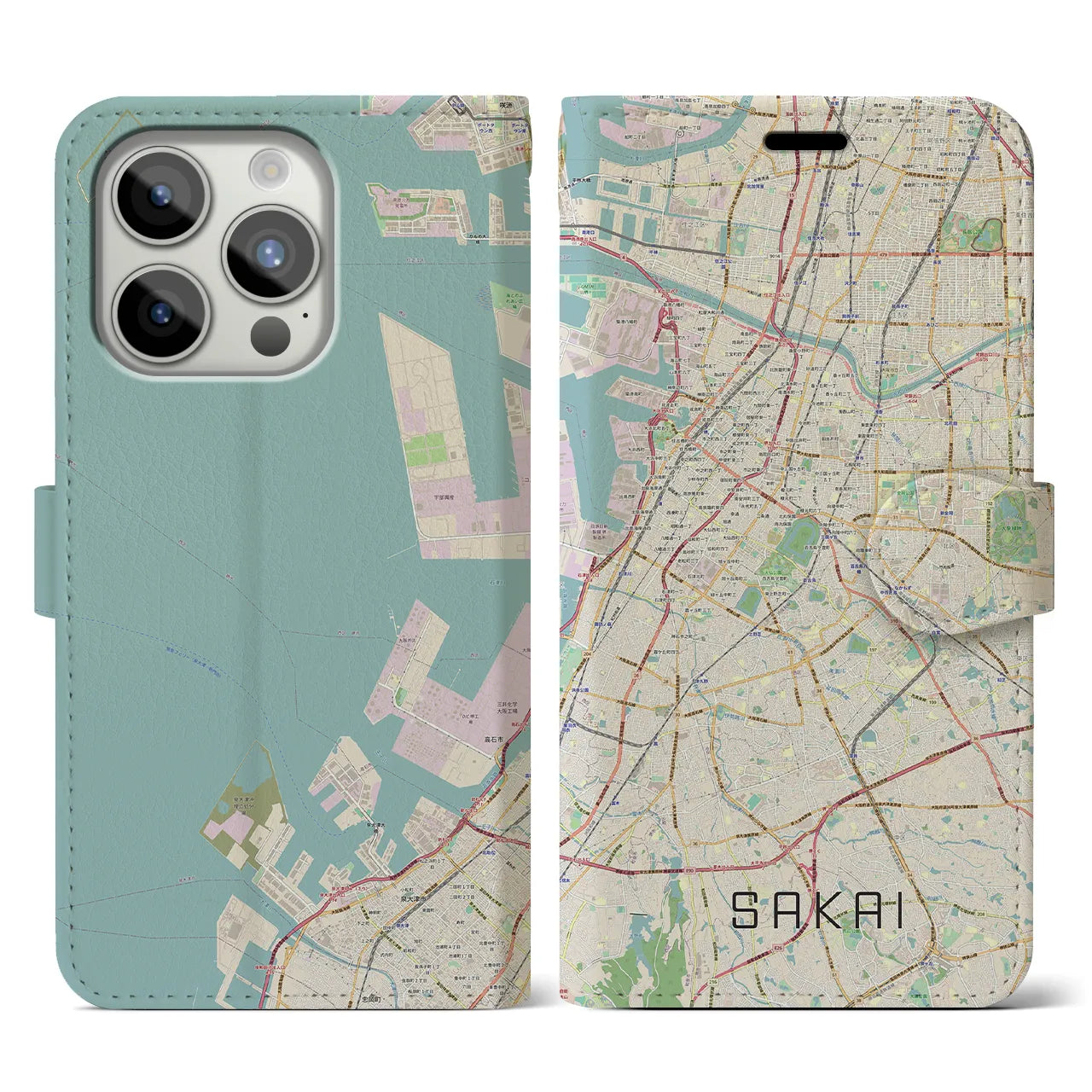 【堺】地図柄iPhoneケース（手帳両面タイプ・ナチュラル）iPhone 15 Pro 用