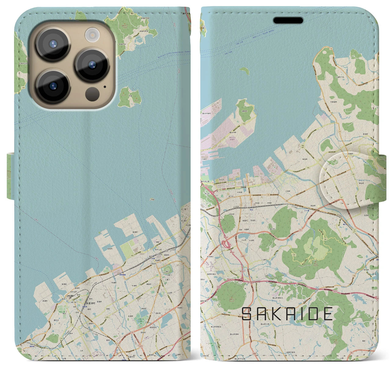 【坂出】地図柄iPhoneケース（手帳両面タイプ・ナチュラル）iPhone 14 Pro Max 用