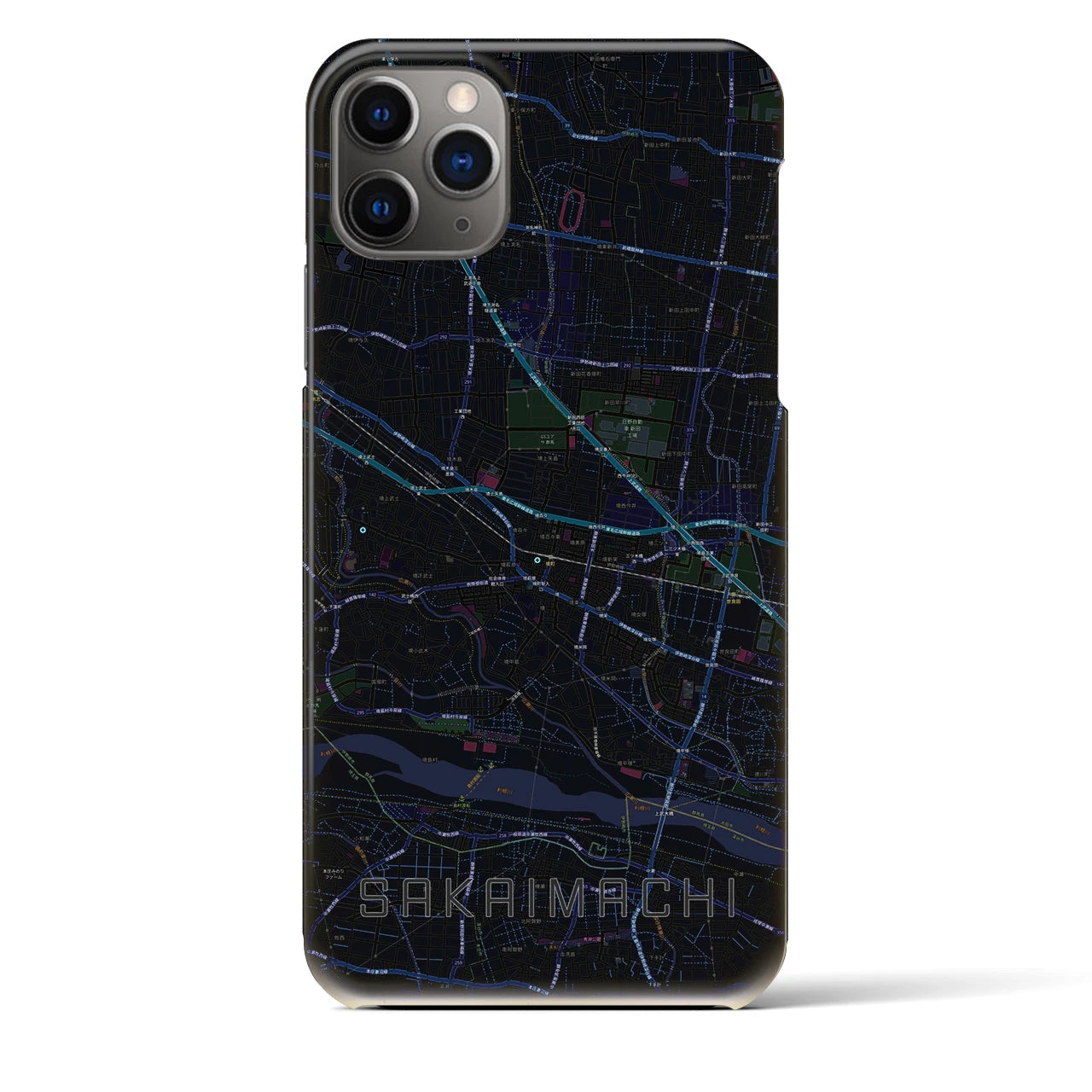 【境町】地図柄iPhoneケース（バックカバータイプ・ブラック）iPhone 11 Pro Max 用