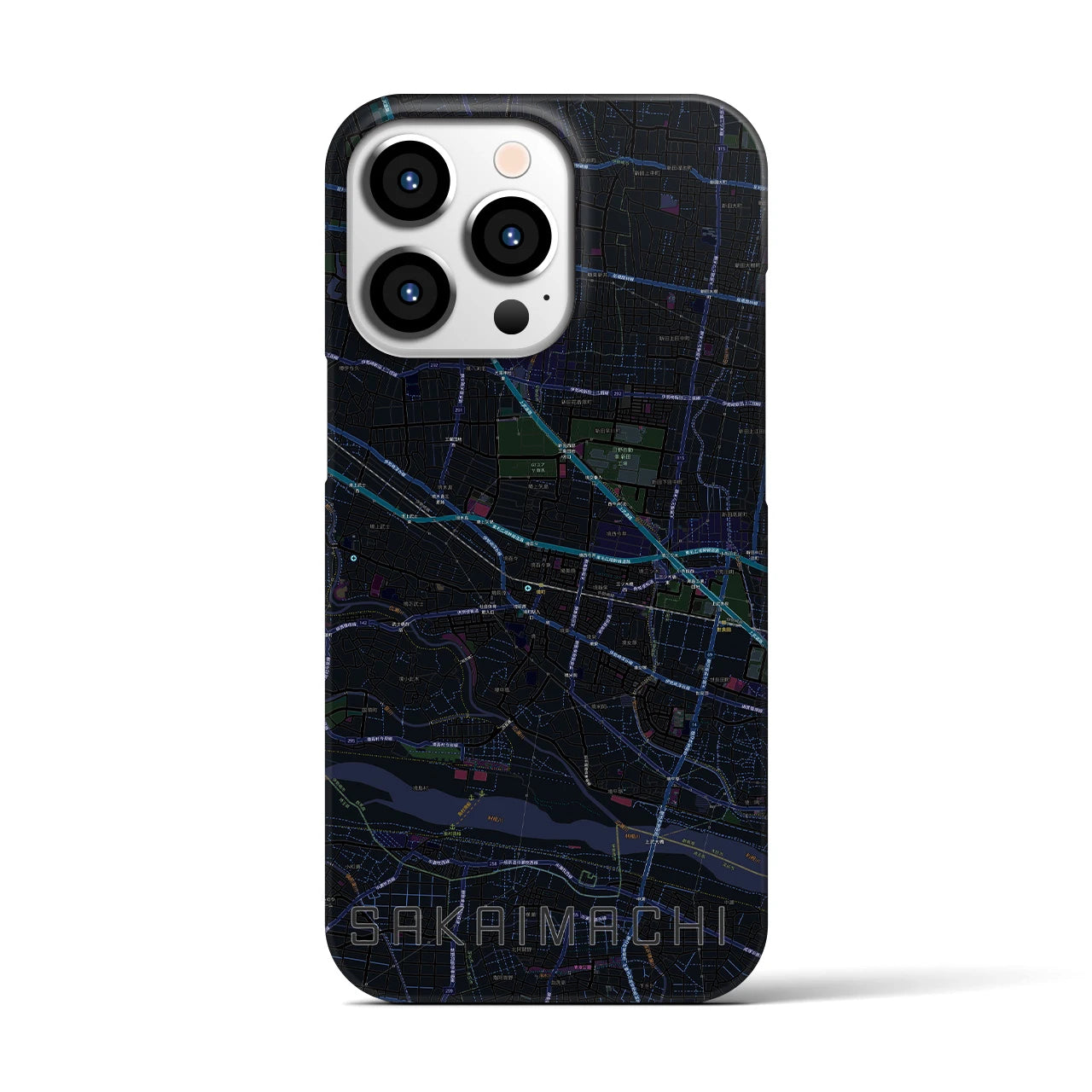 【境町】地図柄iPhoneケース（バックカバータイプ・ブラック）iPhone 13 Pro 用