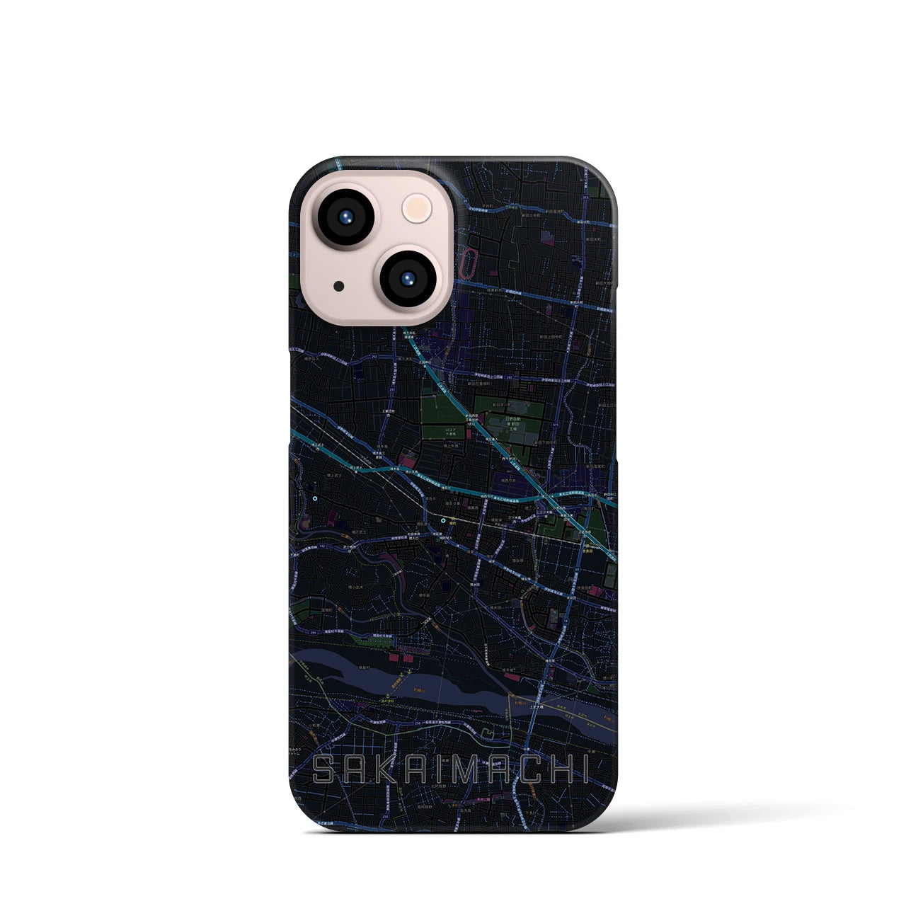 【境町】地図柄iPhoneケース（バックカバータイプ・ブラック）iPhone 13 mini 用
