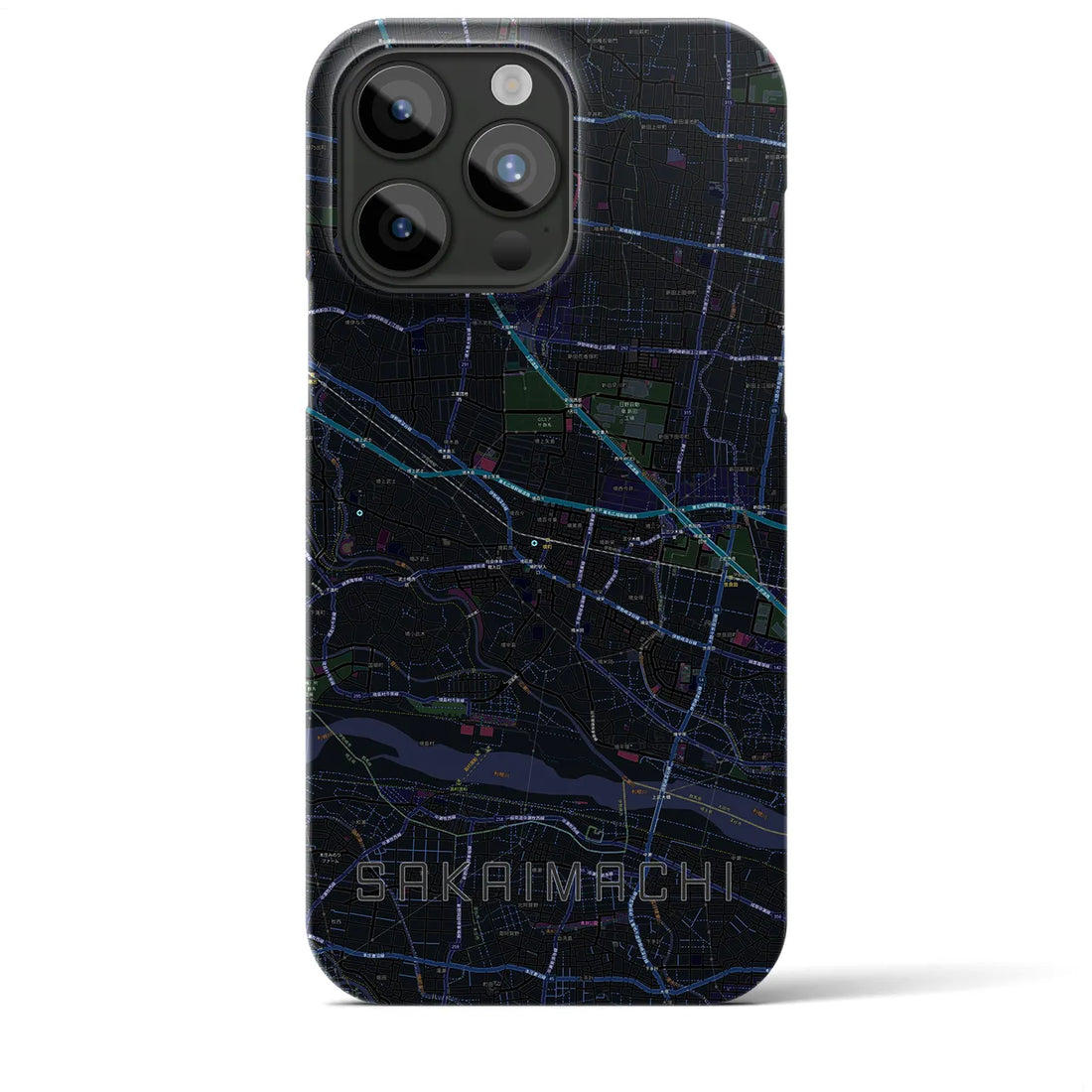 【境町】地図柄iPhoneケース（バックカバータイプ・ブラック）iPhone 15 Pro Max 用