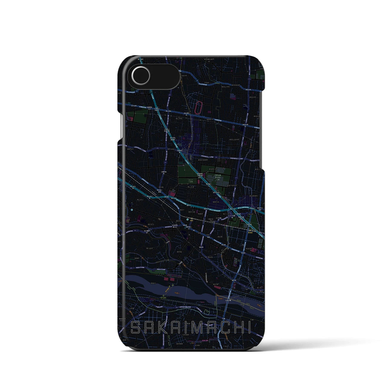 【境町】地図柄iPhoneケース（バックカバータイプ・ブラック）iPhone SE（第3 / 第2世代） / 8 / 7 / 6s / 6 用
