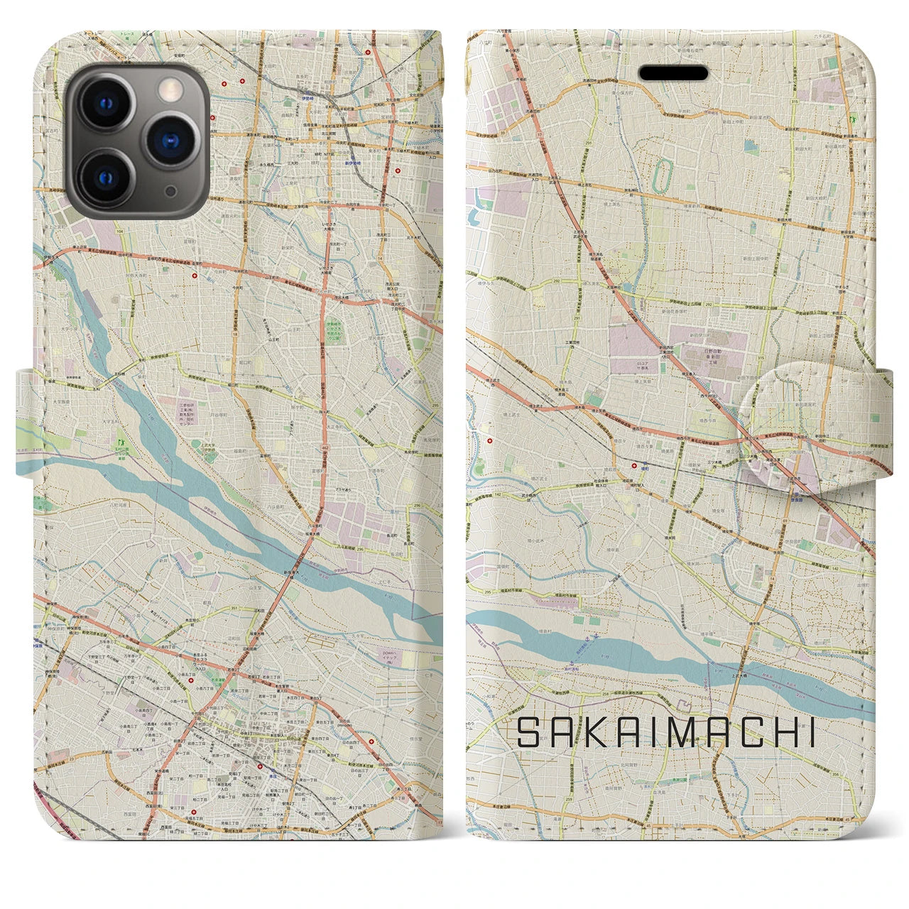 【境町】地図柄iPhoneケース（手帳両面タイプ・ナチュラル）iPhone 11 Pro Max 用