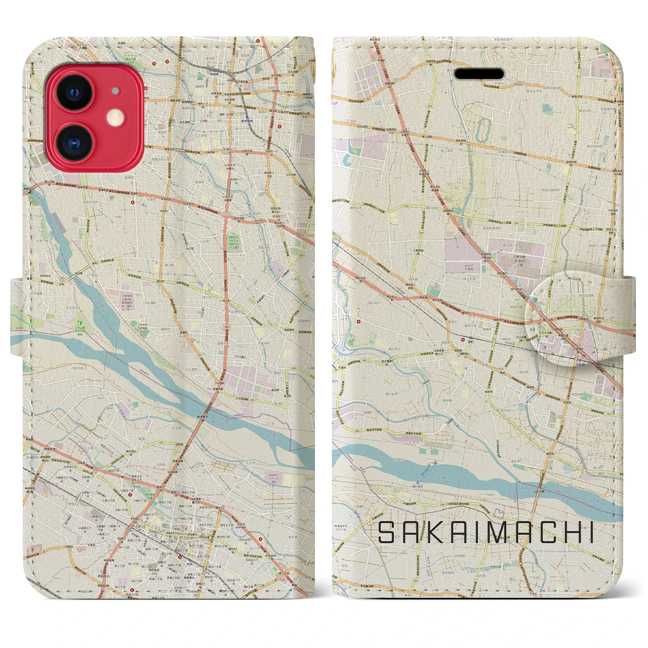 【境町】地図柄iPhoneケース（手帳両面タイプ・ナチュラル）iPhone 11 用