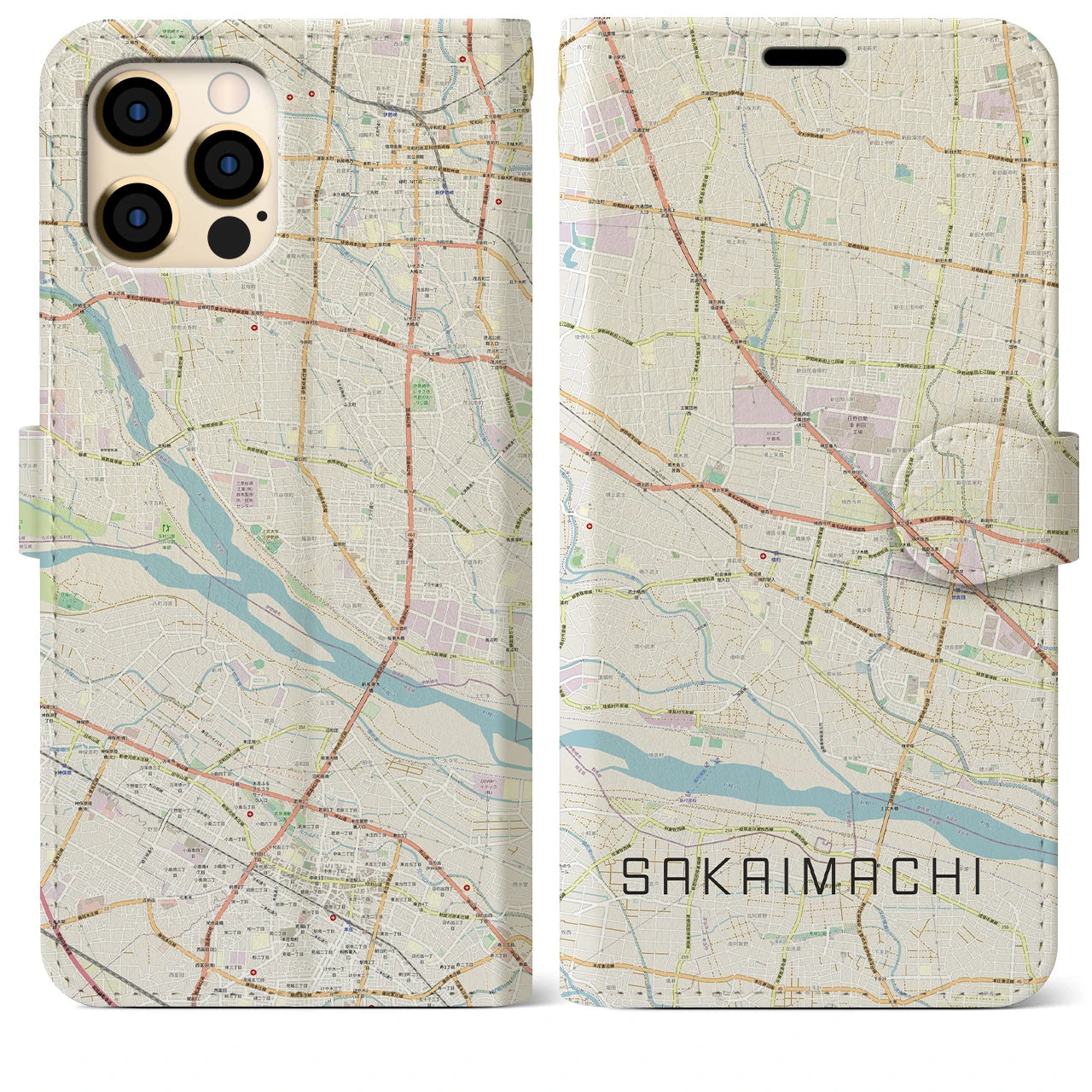 【境町】地図柄iPhoneケース（手帳両面タイプ・ナチュラル）iPhone 12 Pro Max 用