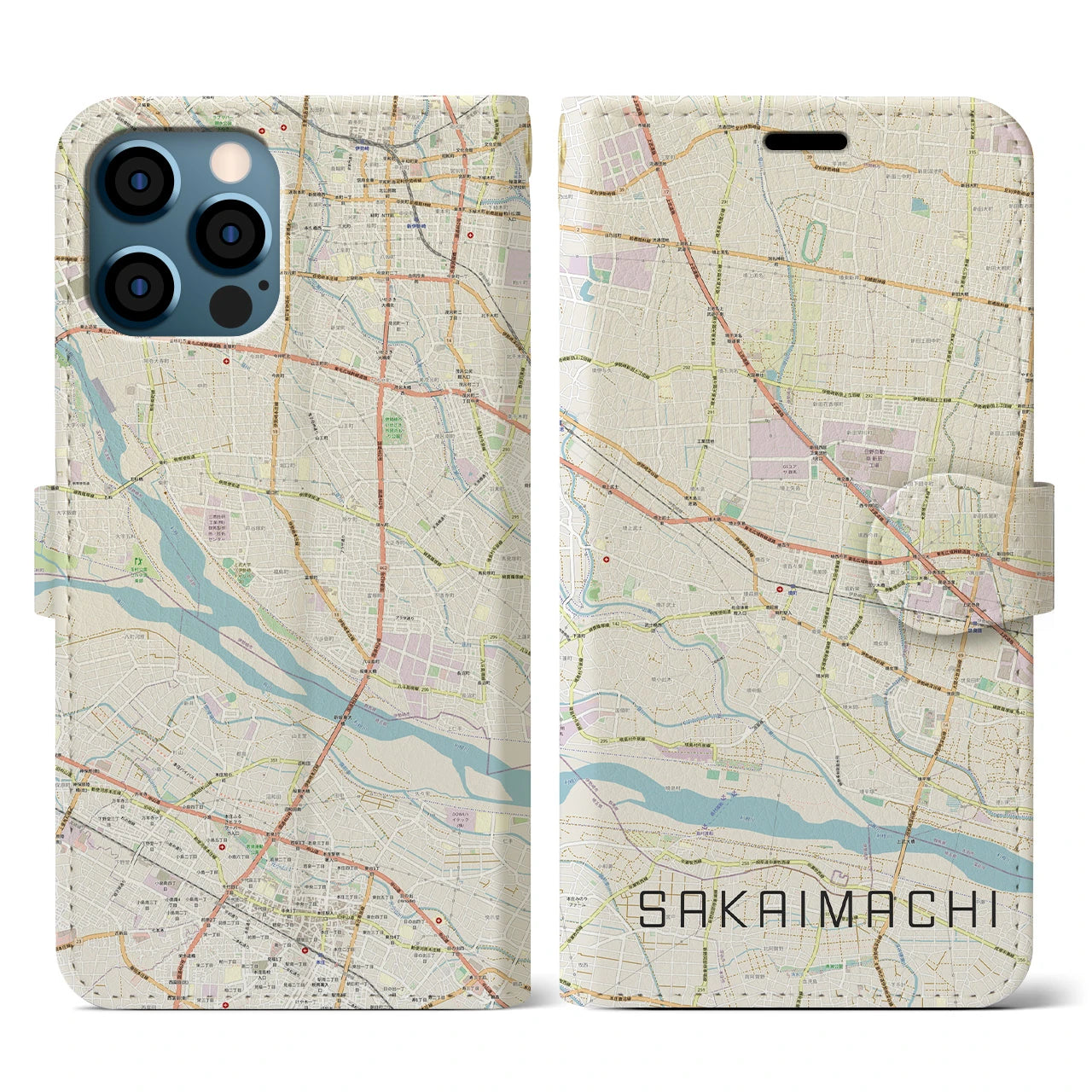 【境町】地図柄iPhoneケース（手帳両面タイプ・ナチュラル）iPhone 12 / 12 Pro 用