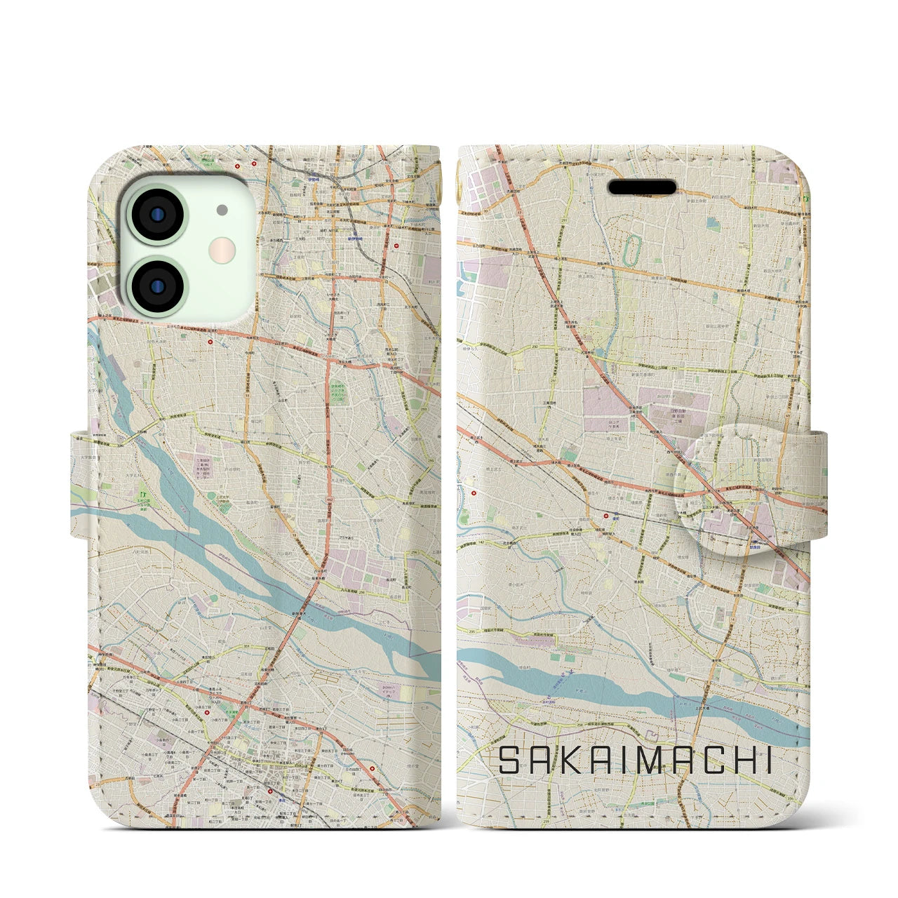 【境町】地図柄iPhoneケース（手帳両面タイプ・ナチュラル）iPhone 12 mini 用