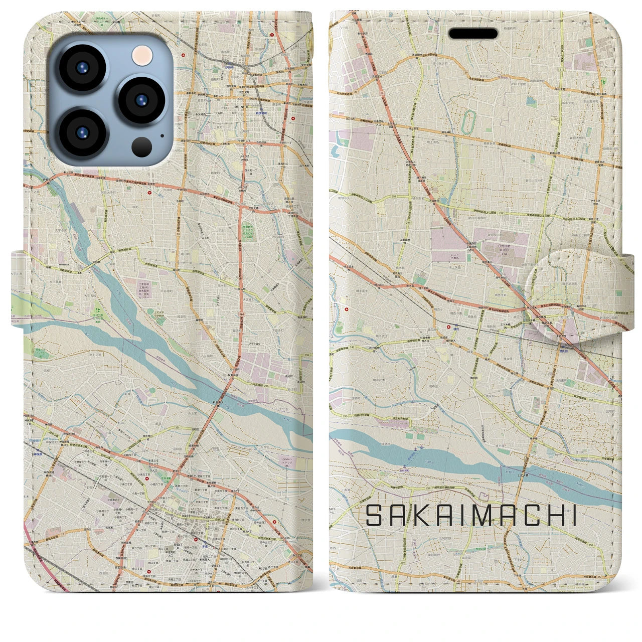 【境町】地図柄iPhoneケース（手帳両面タイプ・ナチュラル）iPhone 13 Pro Max 用