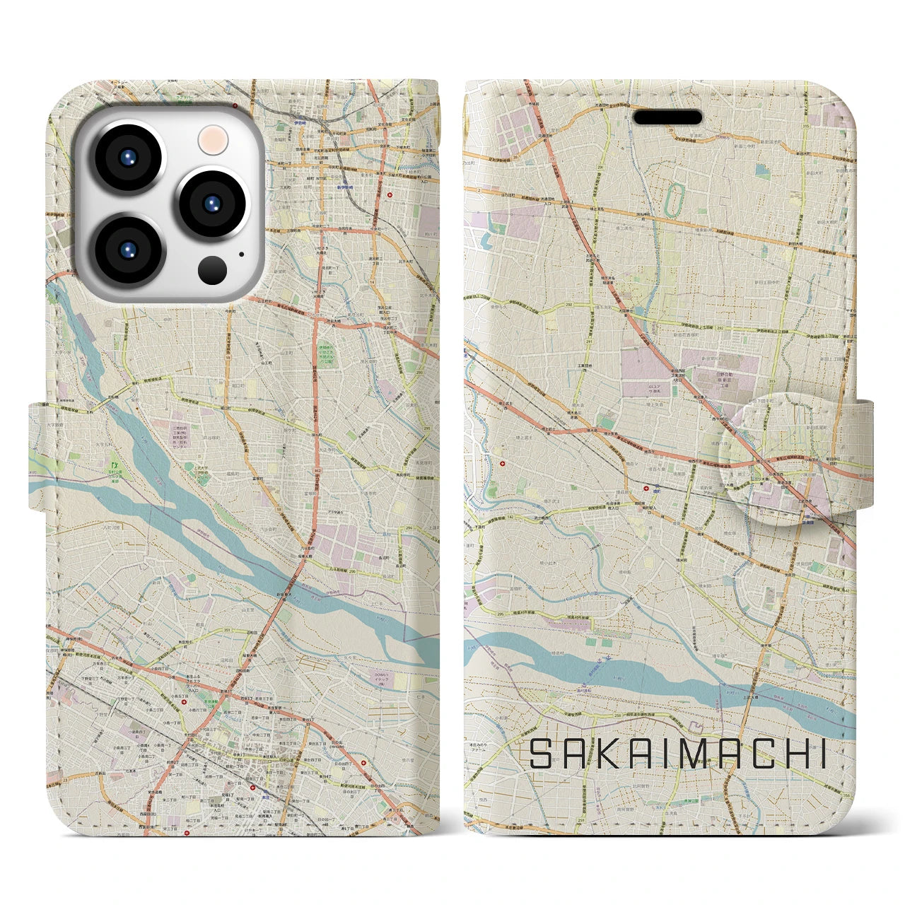 【境町】地図柄iPhoneケース（手帳両面タイプ・ナチュラル）iPhone 13 Pro 用