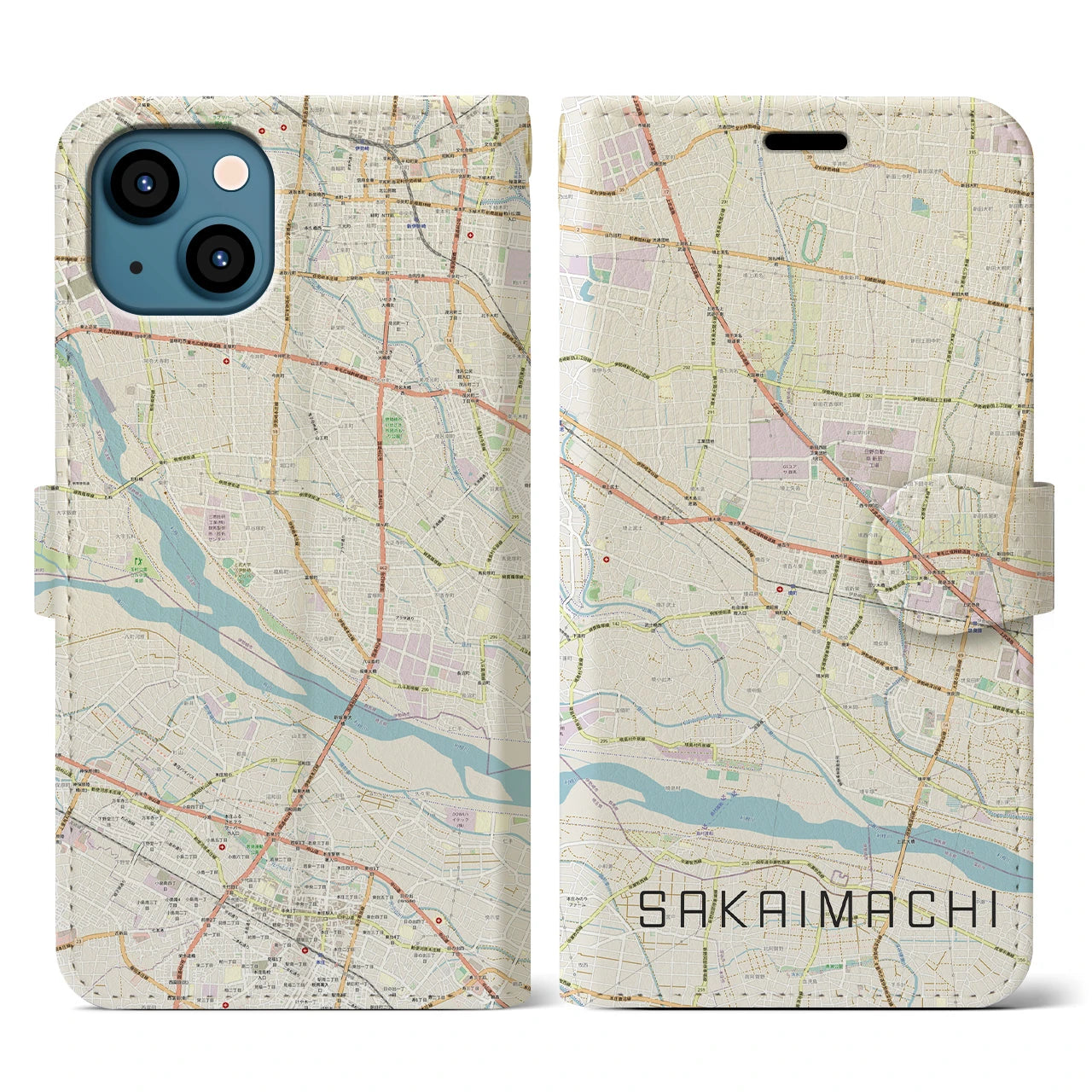 【境町】地図柄iPhoneケース（手帳両面タイプ・ナチュラル）iPhone 13 用