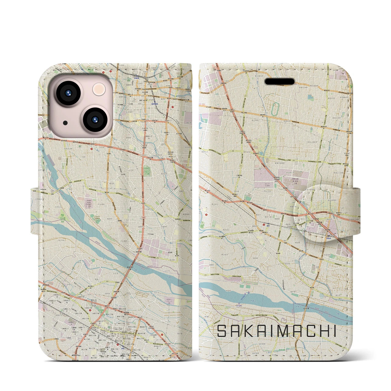 【境町】地図柄iPhoneケース（手帳両面タイプ・ナチュラル）iPhone 13 mini 用