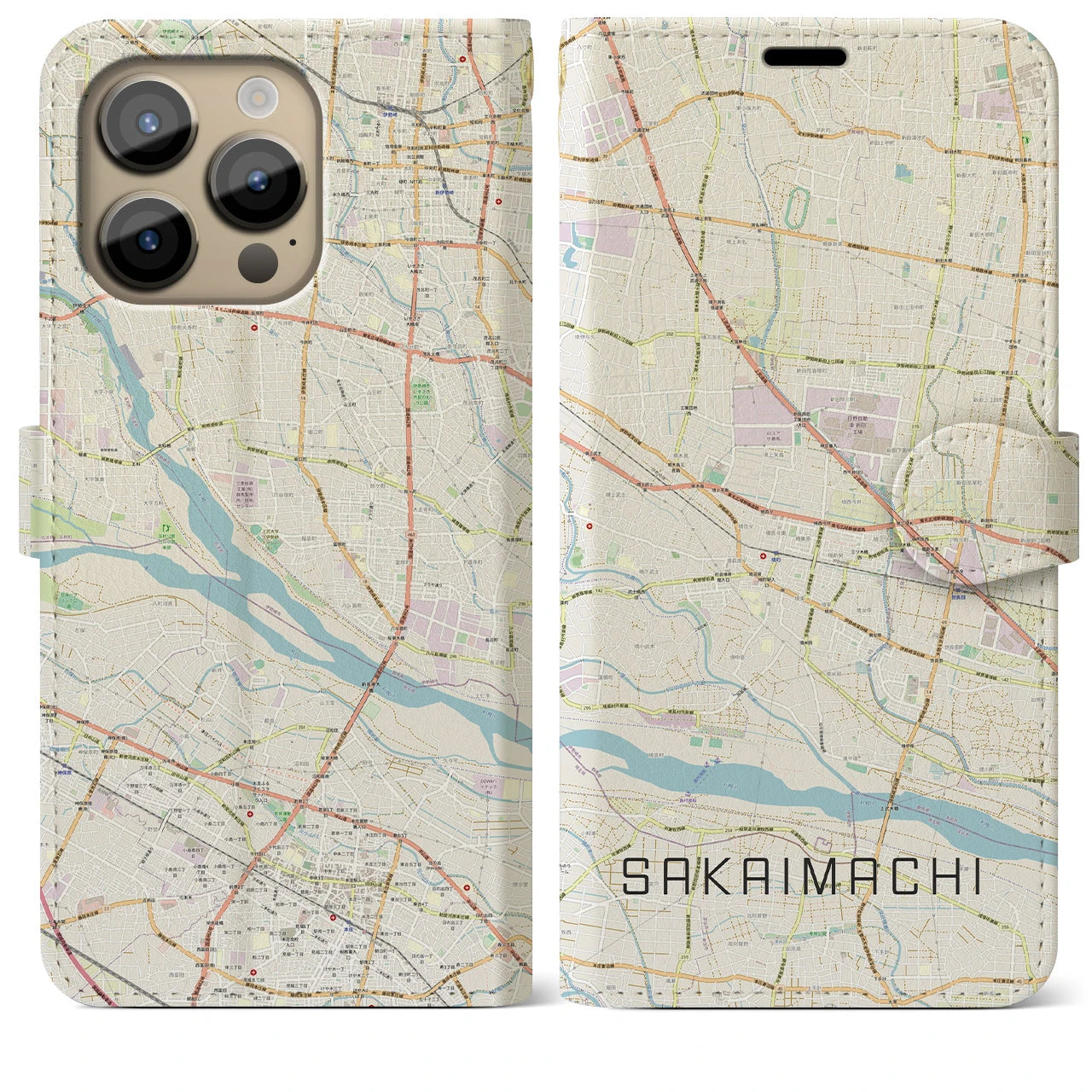【境町】地図柄iPhoneケース（手帳両面タイプ・ナチュラル）iPhone 14 Pro Max 用