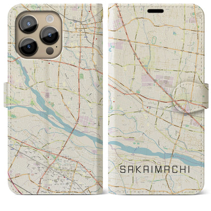 【境町（群馬県）】地図柄iPhoneケース（手帳タイプ）ナチュラル・iPhone 14 Pro Max 用