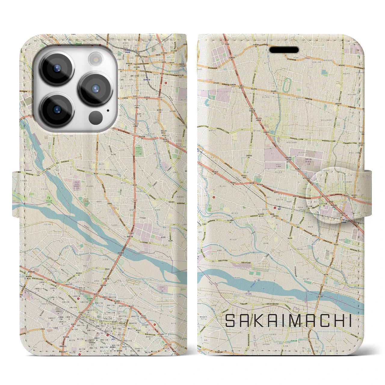 【境町】地図柄iPhoneケース（手帳両面タイプ・ナチュラル）iPhone 14 Pro 用