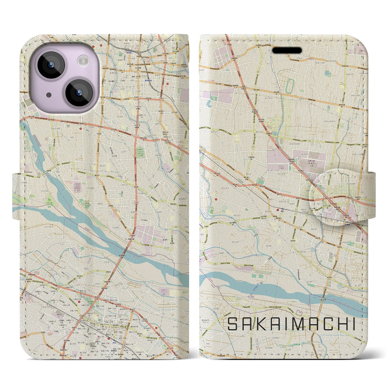 【境町】地図柄iPhoneケース（手帳両面タイプ・ナチュラル）iPhone 14 用