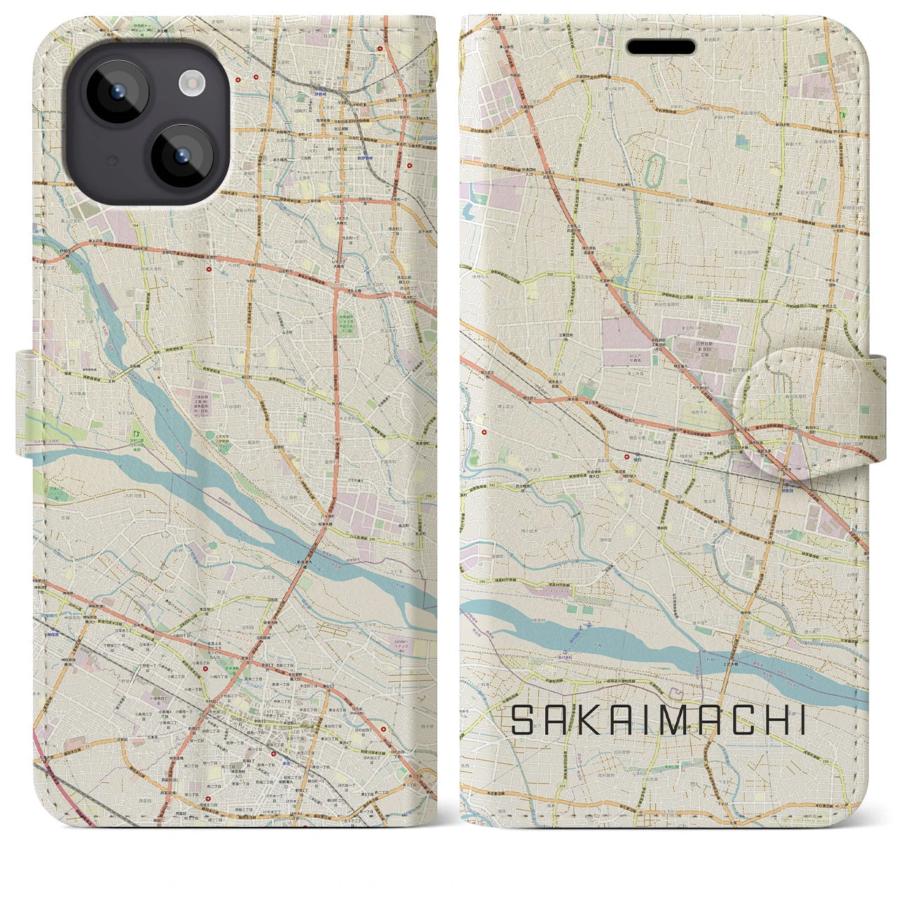 【境町】地図柄iPhoneケース（手帳両面タイプ・ナチュラル）iPhone 14 Plus 用