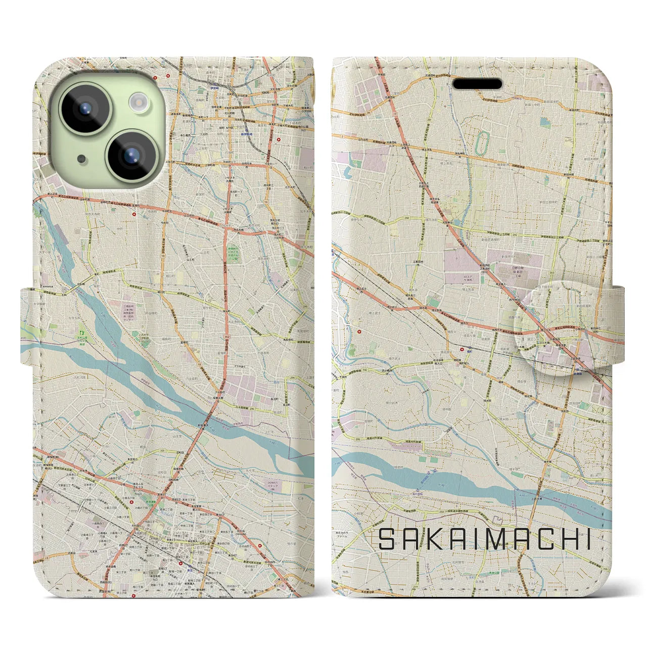 【境町】地図柄iPhoneケース（手帳両面タイプ・ナチュラル）iPhone 15 用