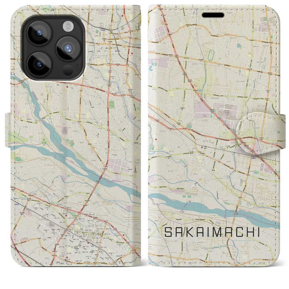【境町】地図柄iPhoneケース（手帳両面タイプ・ナチュラル）iPhone 15 Pro Max 用
