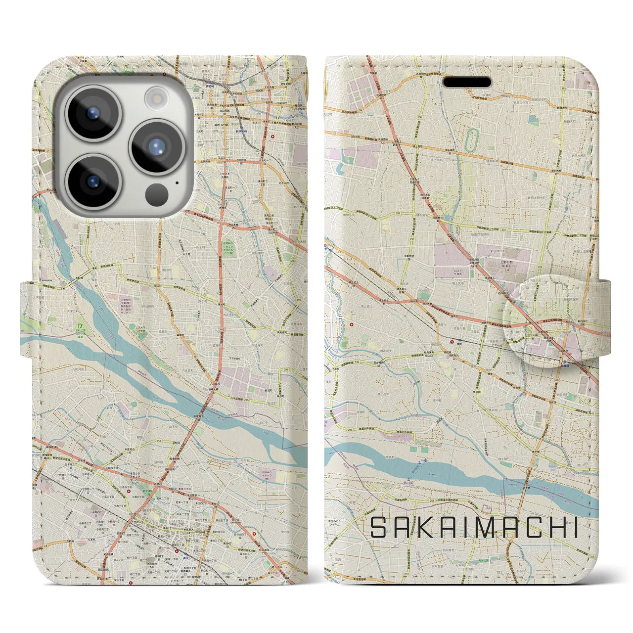 【境町】地図柄iPhoneケース（手帳両面タイプ・ナチュラル）iPhone 15 Pro 用