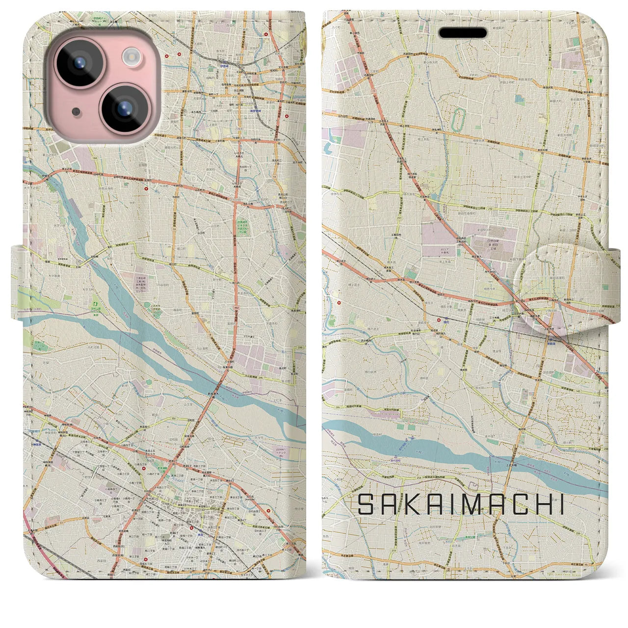 【境町】地図柄iPhoneケース（手帳両面タイプ・ナチュラル）iPhone 15 Plus 用