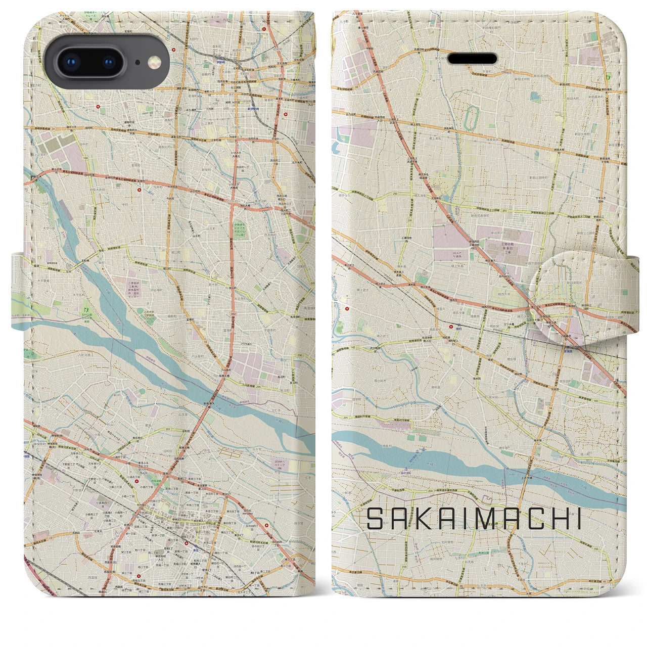 【境町】地図柄iPhoneケース（手帳両面タイプ・ナチュラル）iPhone 8Plus /7Plus / 6sPlus / 6Plus 用