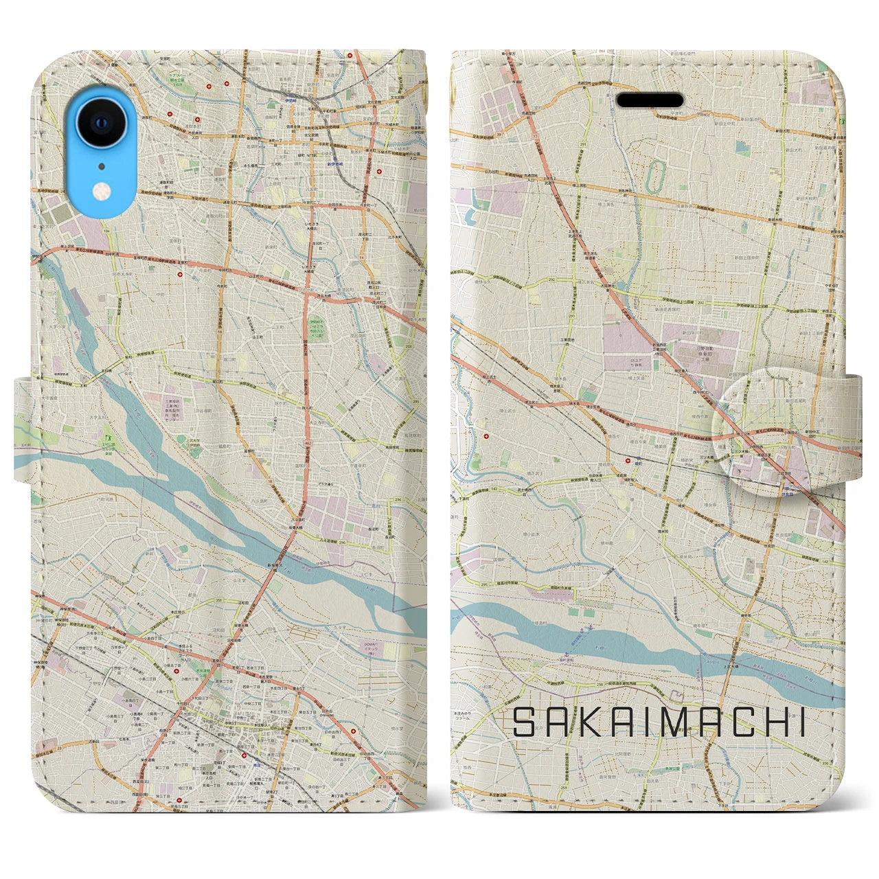 【境町】地図柄iPhoneケース（手帳両面タイプ・ナチュラル）iPhone XR 用