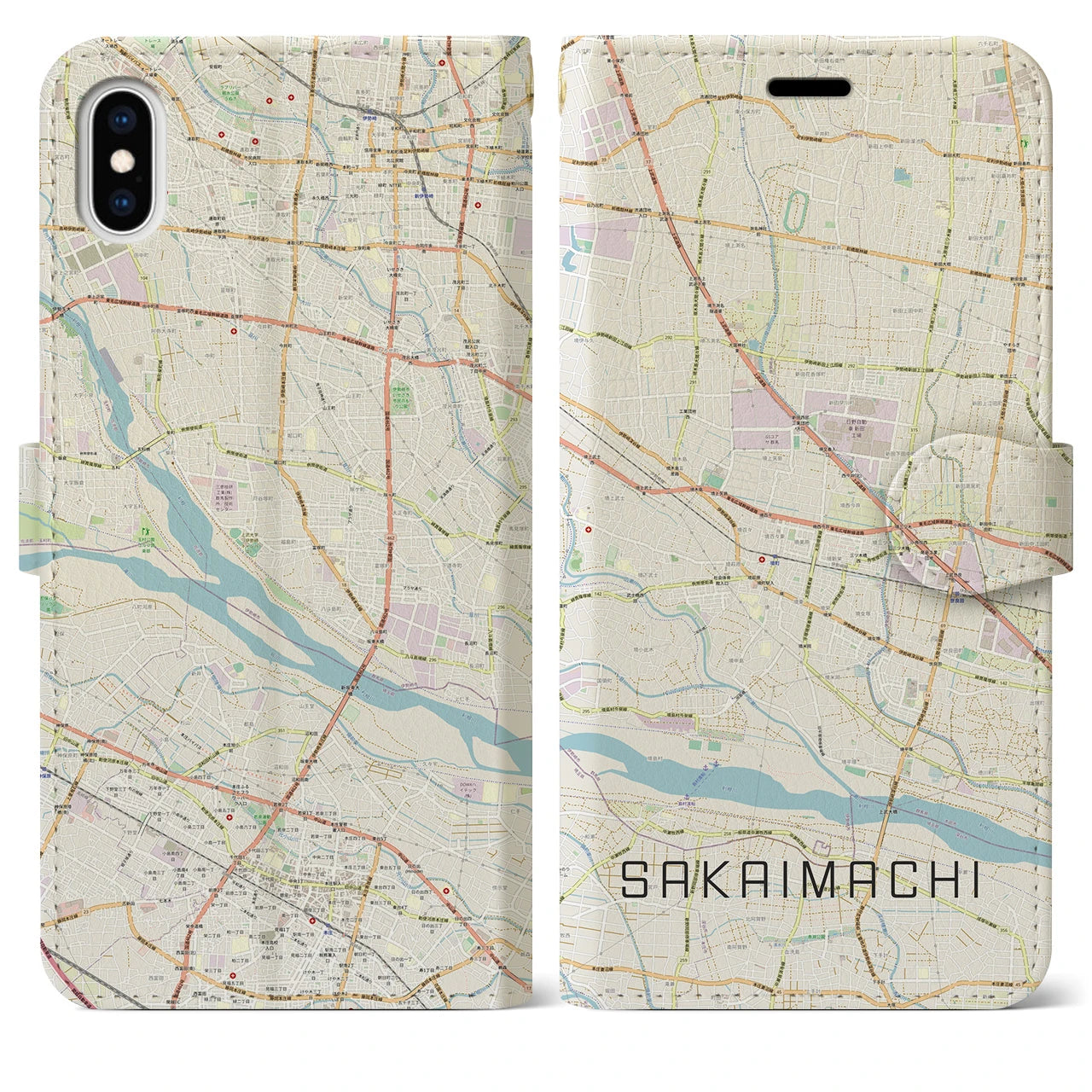 【境町】地図柄iPhoneケース（手帳両面タイプ・ナチュラル）iPhone XS Max 用