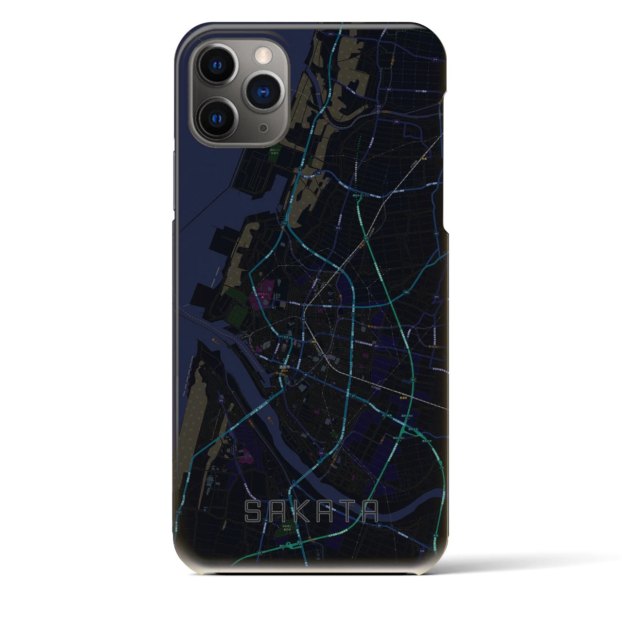 【酒田】地図柄iPhoneケース（バックカバータイプ・ブラック）iPhone 11 Pro Max 用
