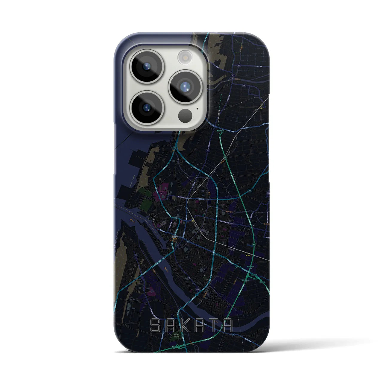【酒田】地図柄iPhoneケース（バックカバータイプ・ブラック）iPhone 15 Pro 用