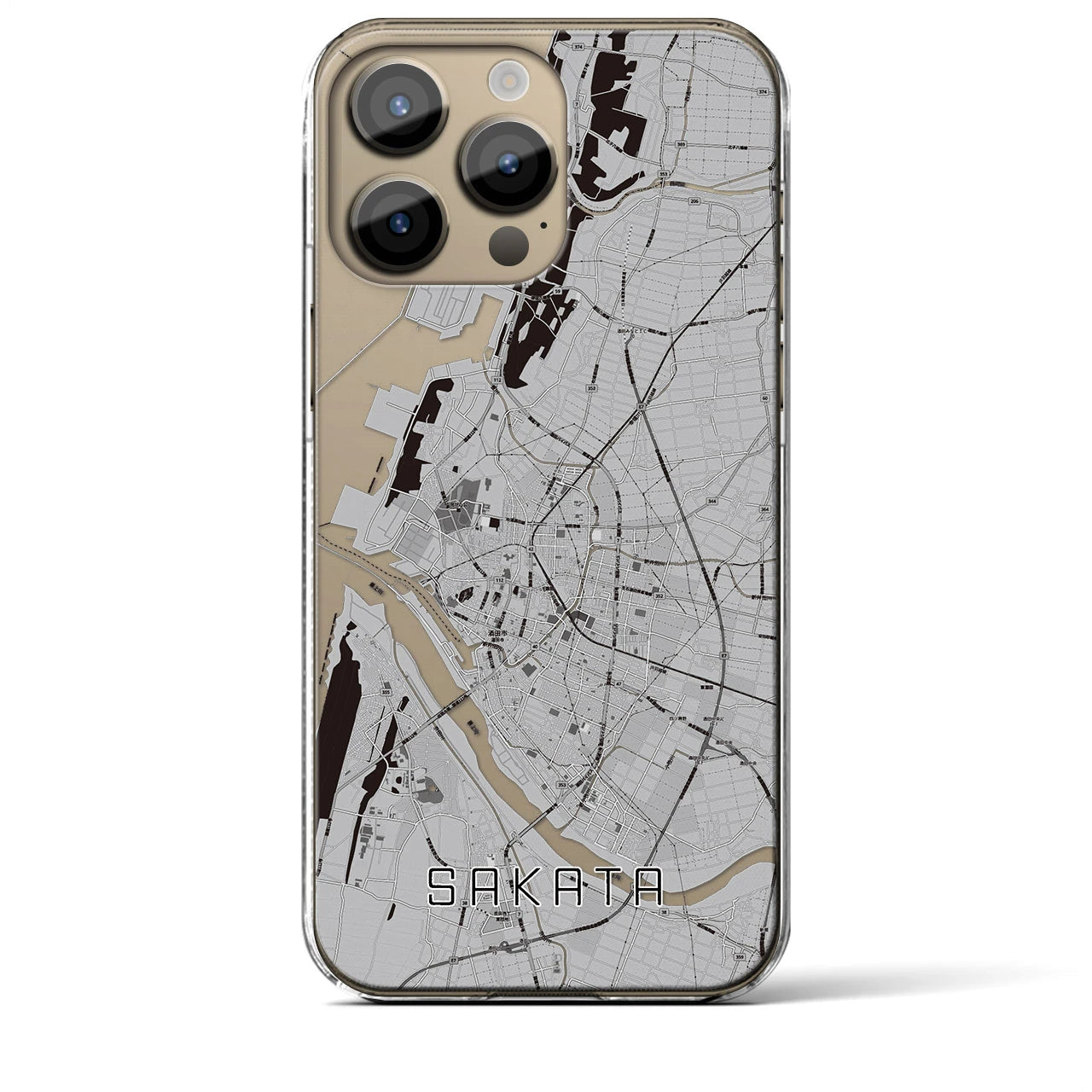 【酒田】地図柄iPhoneケース（クリアタイプ・モノトーン）iPhone 14 Pro Max 用