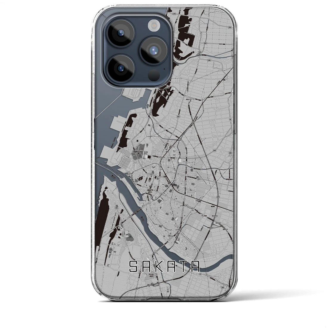 【酒田】地図柄iPhoneケース（クリアタイプ・モノトーン）iPhone 15 Pro Max 用