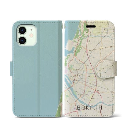 【酒田（山形県）】地図柄iPhoneケース（手帳タイプ）ナチュラル・iPhone 12 mini 用