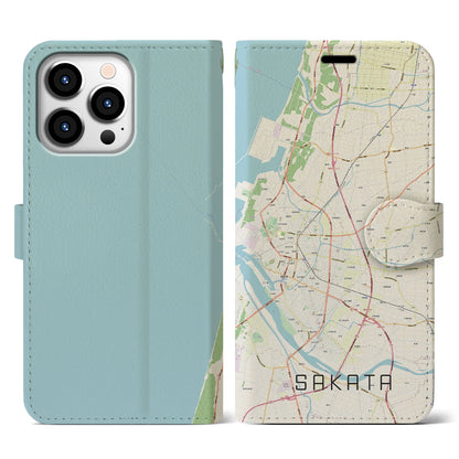 【酒田（山形県）】地図柄iPhoneケース（手帳タイプ）ナチュラル・iPhone 13 Pro 用