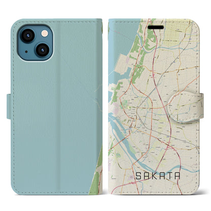 【酒田（山形県）】地図柄iPhoneケース（手帳タイプ）ナチュラル・iPhone 13 用