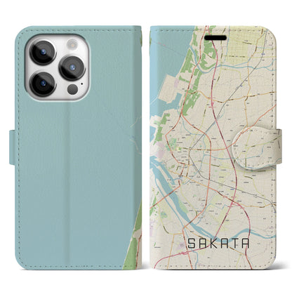 【酒田（山形県）】地図柄iPhoneケース（手帳タイプ）ナチュラル・iPhone 14 Pro 用