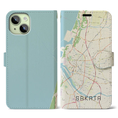 【酒田（山形県）】地図柄iPhoneケース（手帳タイプ）ナチュラル・iPhone 15 用