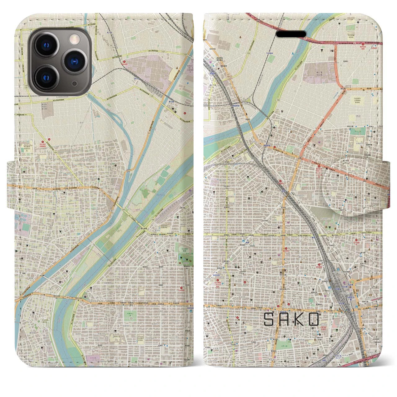 【栄生】地図柄iPhoneケース（手帳両面タイプ・ナチュラル）iPhone 11 Pro Max 用
