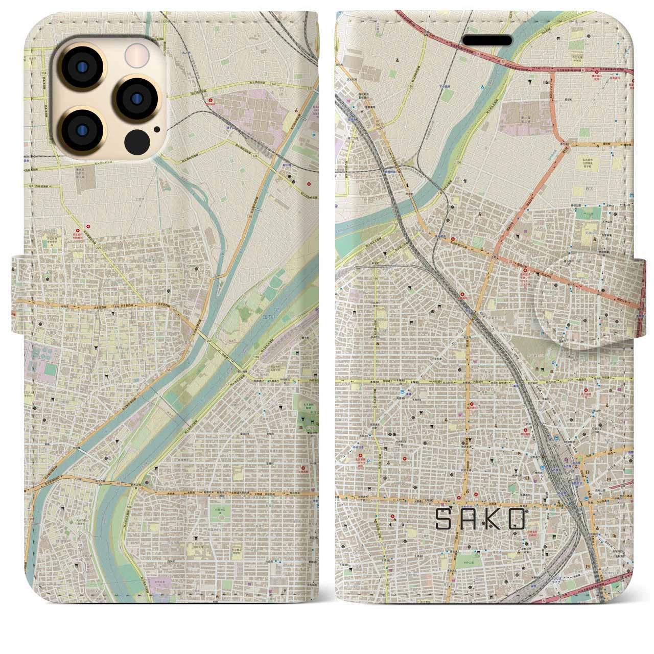 【栄生】地図柄iPhoneケース（手帳両面タイプ・ナチュラル）iPhone 12 Pro Max 用