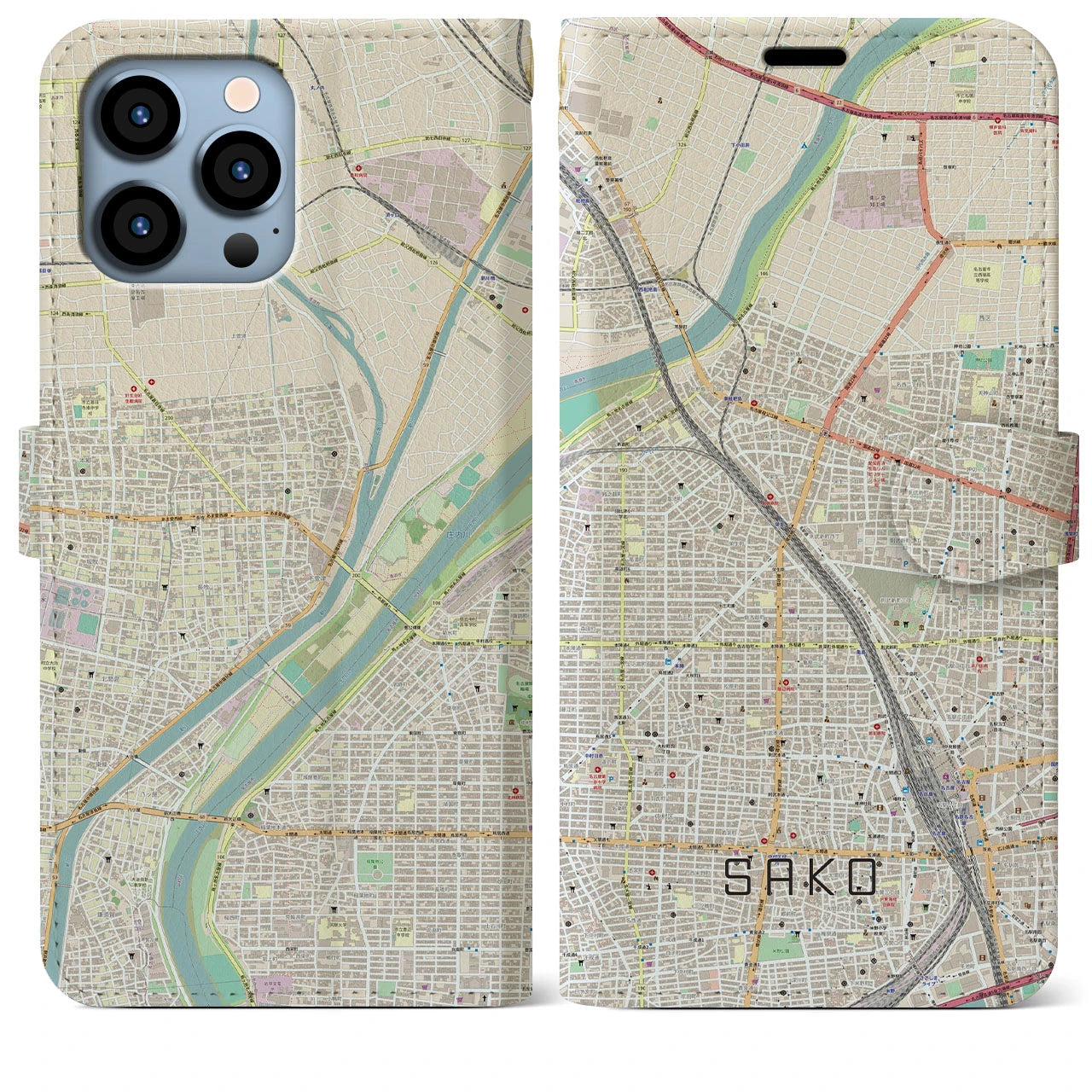 【栄生】地図柄iPhoneケース（手帳両面タイプ・ナチュラル）iPhone 13 Pro Max 用