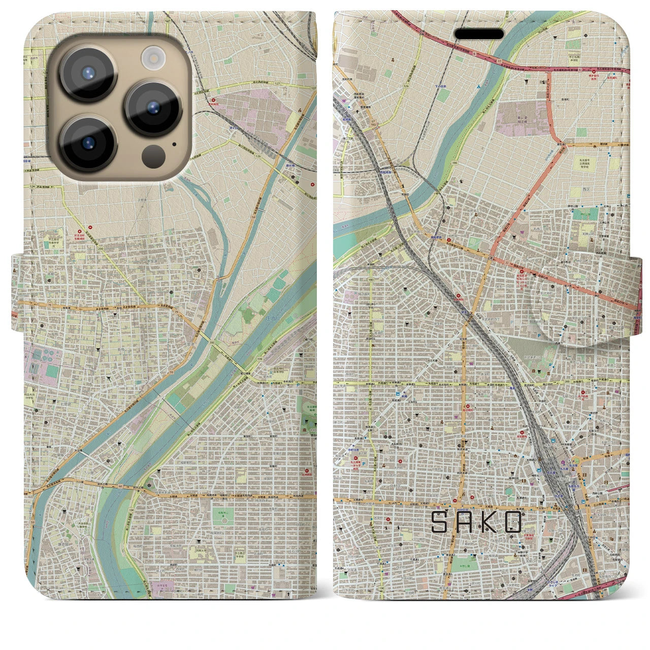 【栄生】地図柄iPhoneケース（手帳両面タイプ・ナチュラル）iPhone 14 Pro Max 用