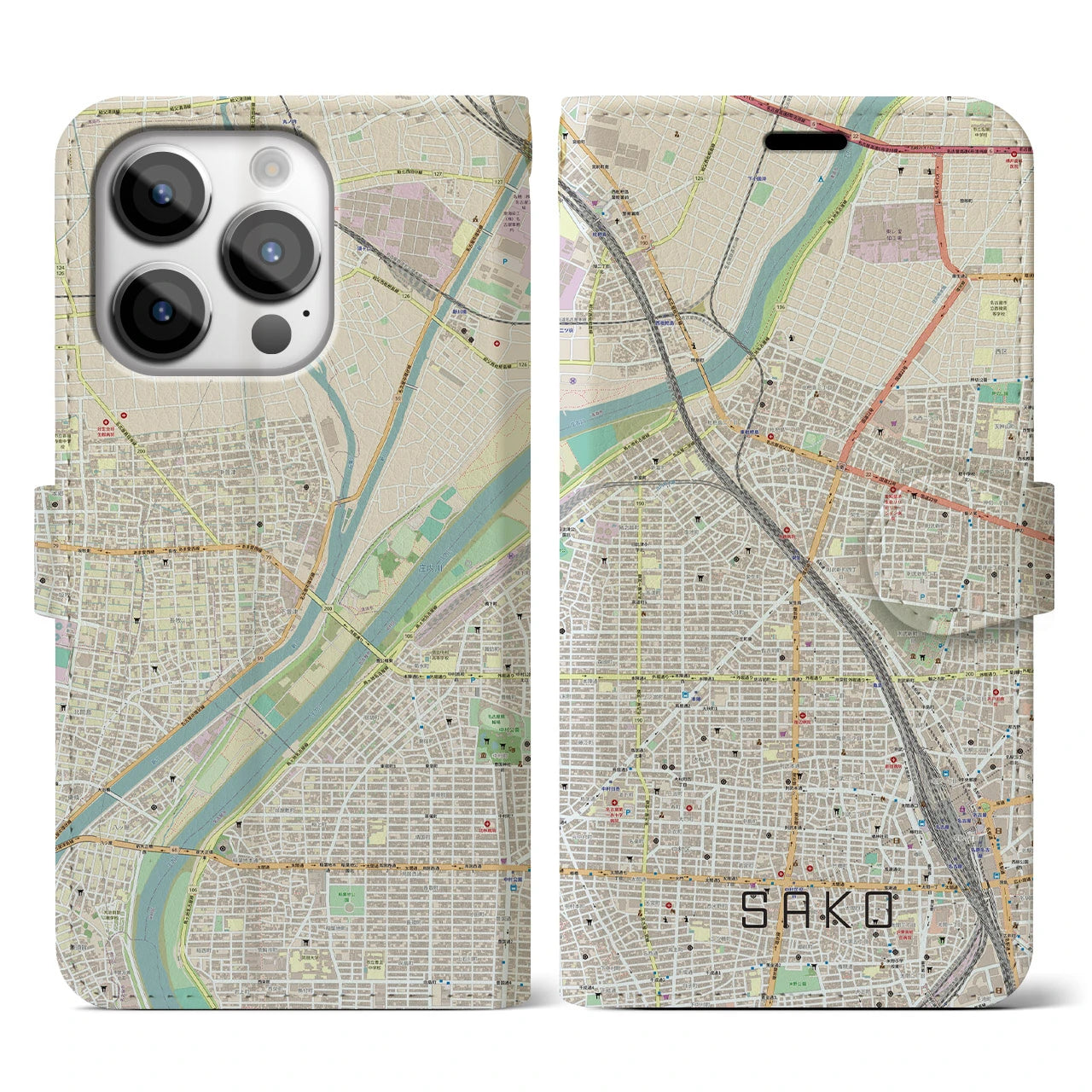 【栄生】地図柄iPhoneケース（手帳両面タイプ・ナチュラル）iPhone 14 Pro 用