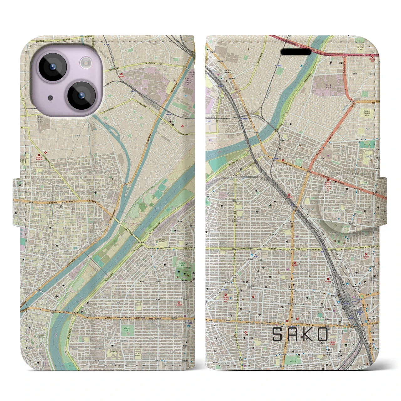 【栄生】地図柄iPhoneケース（手帳両面タイプ・ナチュラル）iPhone 14 用