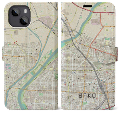 【栄生（愛知県）】地図柄iPhoneケース（手帳タイプ）ナチュラル・iPhone 14 Plus 用