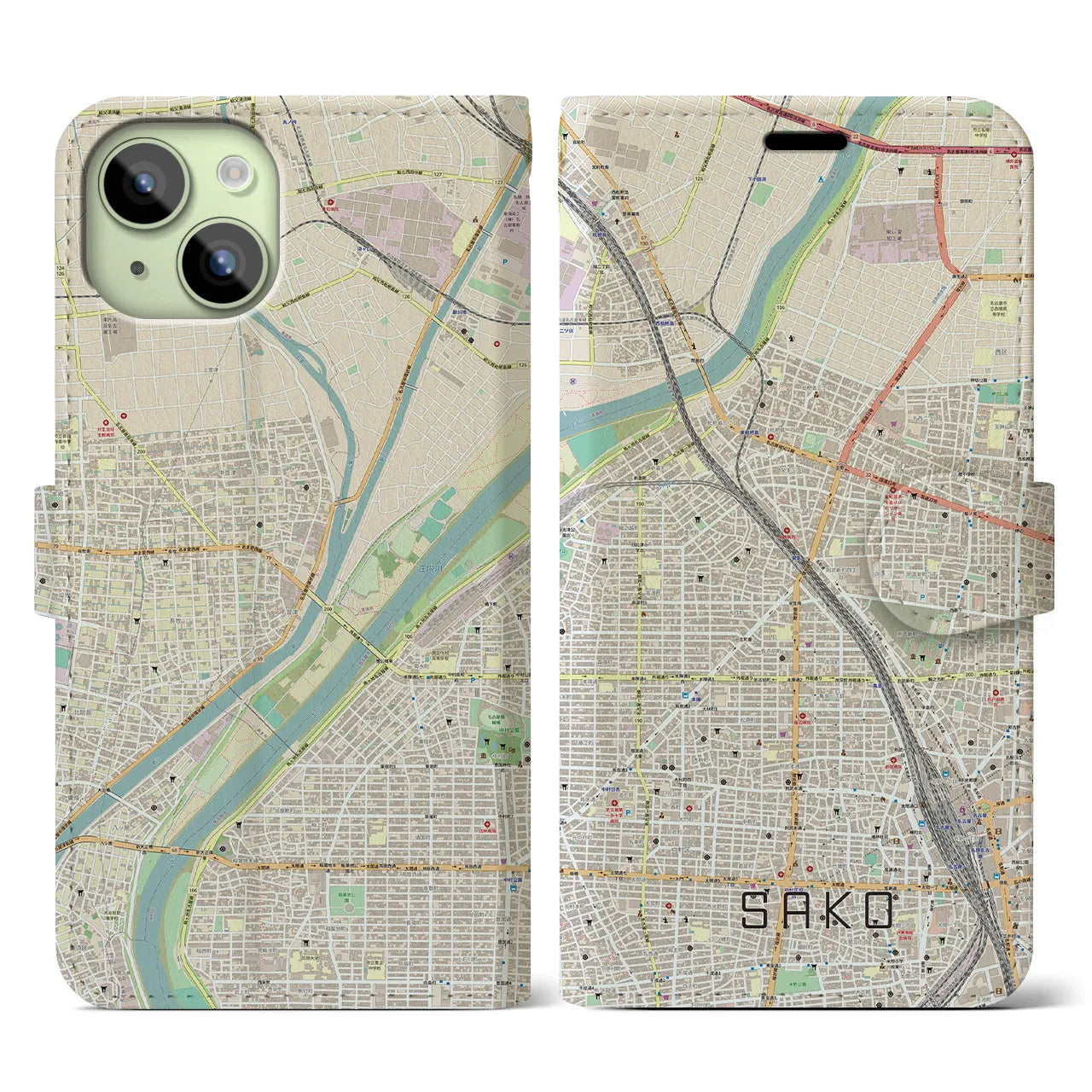 【栄生】地図柄iPhoneケース（手帳両面タイプ・ナチュラル）iPhone 15 用