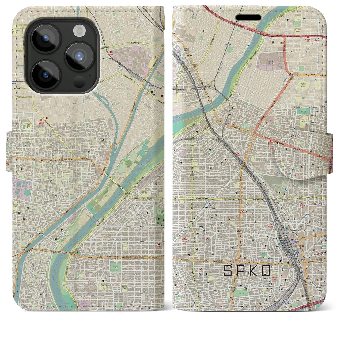 【栄生】地図柄iPhoneケース（手帳両面タイプ・ナチュラル）iPhone 15 Pro Max 用