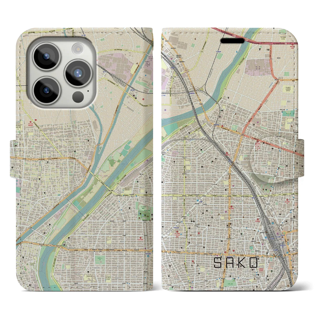 【栄生】地図柄iPhoneケース（手帳両面タイプ・ナチュラル）iPhone 15 Pro 用