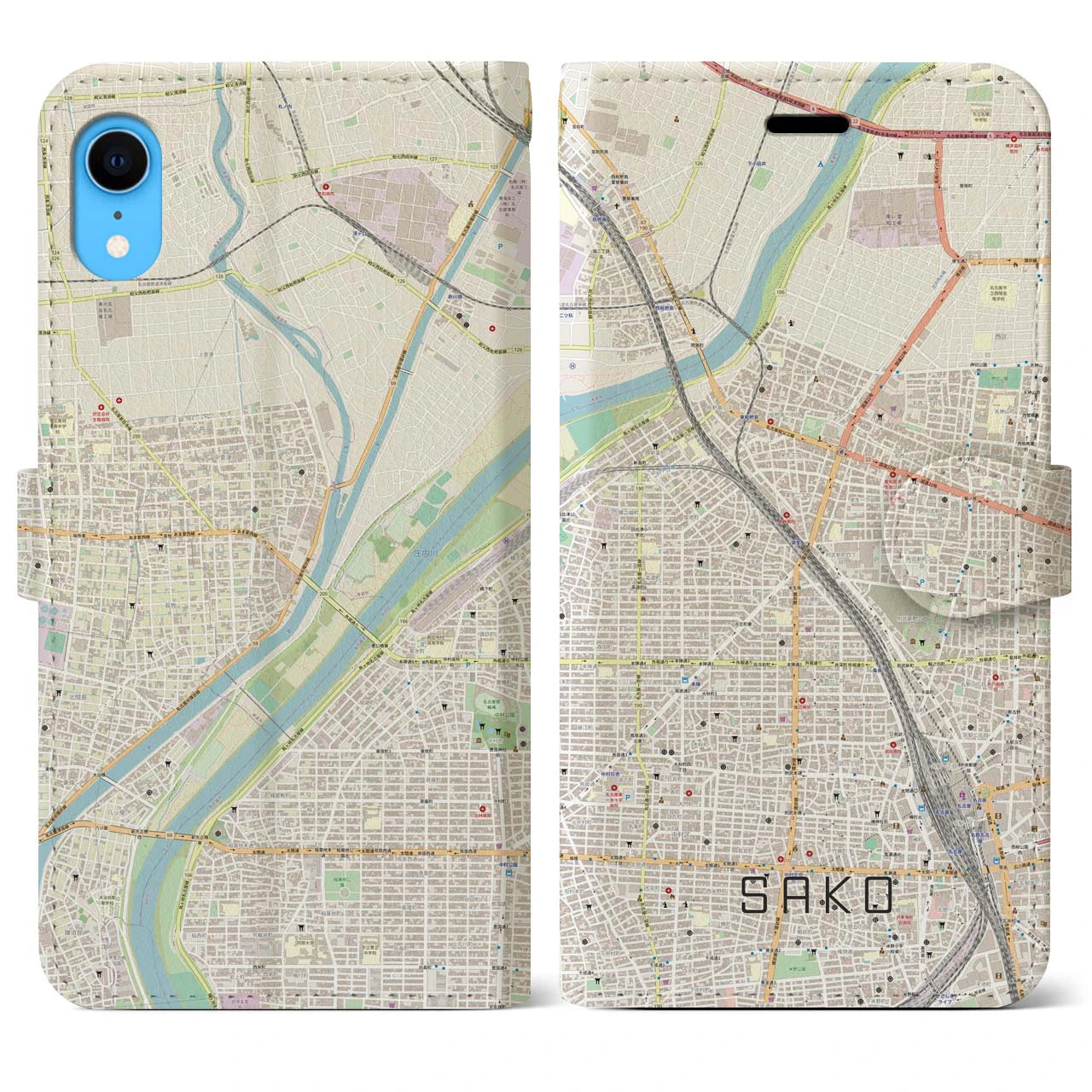 【栄生】地図柄iPhoneケース（手帳両面タイプ・ナチュラル）iPhone XR 用