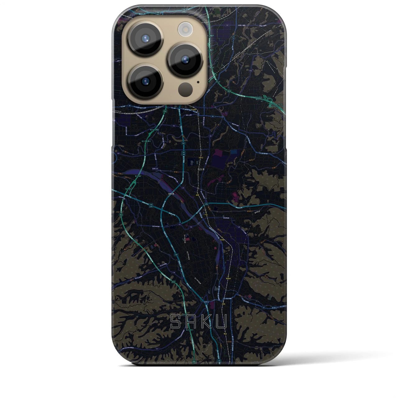 【佐久】地図柄iPhoneケース（バックカバータイプ・ブラック）iPhone 14 Pro Max 用
